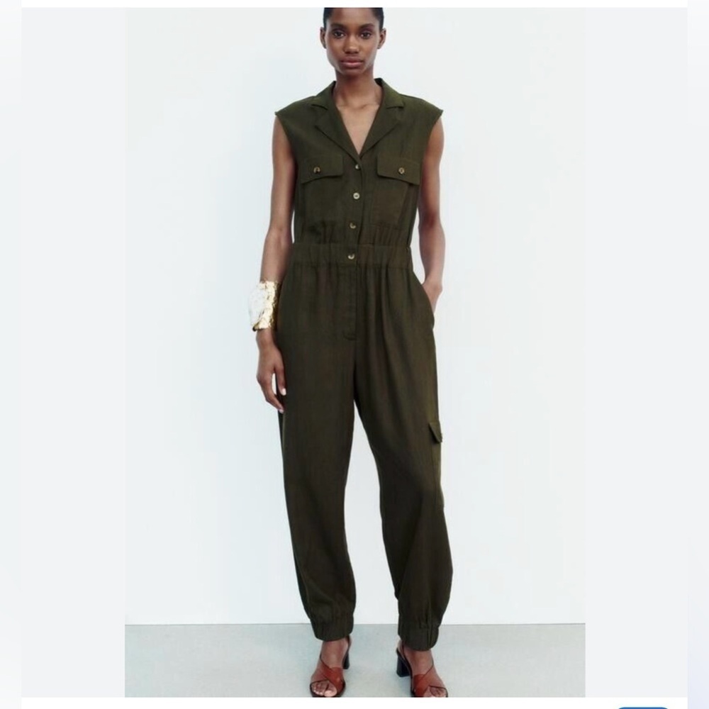 Zara Jumpsuit Dark Green Button-Up Linen Blend Size XL - Picture 1 of 15